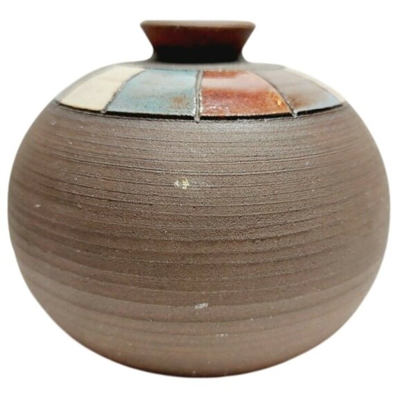 Hand Turned Studio Art Pottery Clay Weed Vase Multicolor Enamel Signed Base - Picture 4 of 8